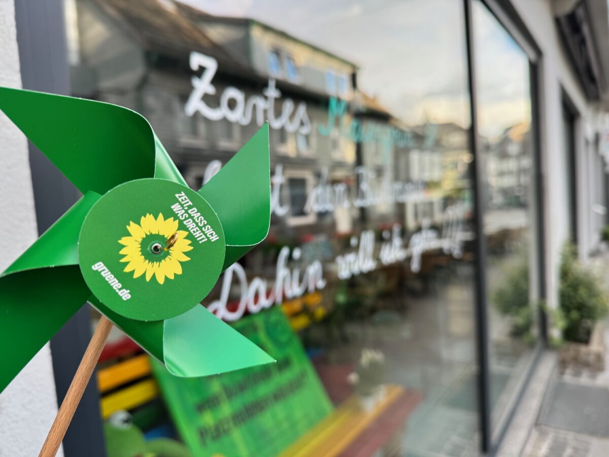 Ein Papier-Windrad in grün vor dem Schaufenster der Grünen Geschäftsstelle